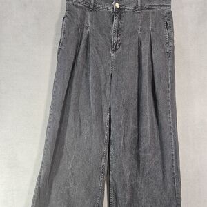 Topshop Moto Womens Extra Wide Leg High-Rise Pleated Black Jeans Size 34 X 30